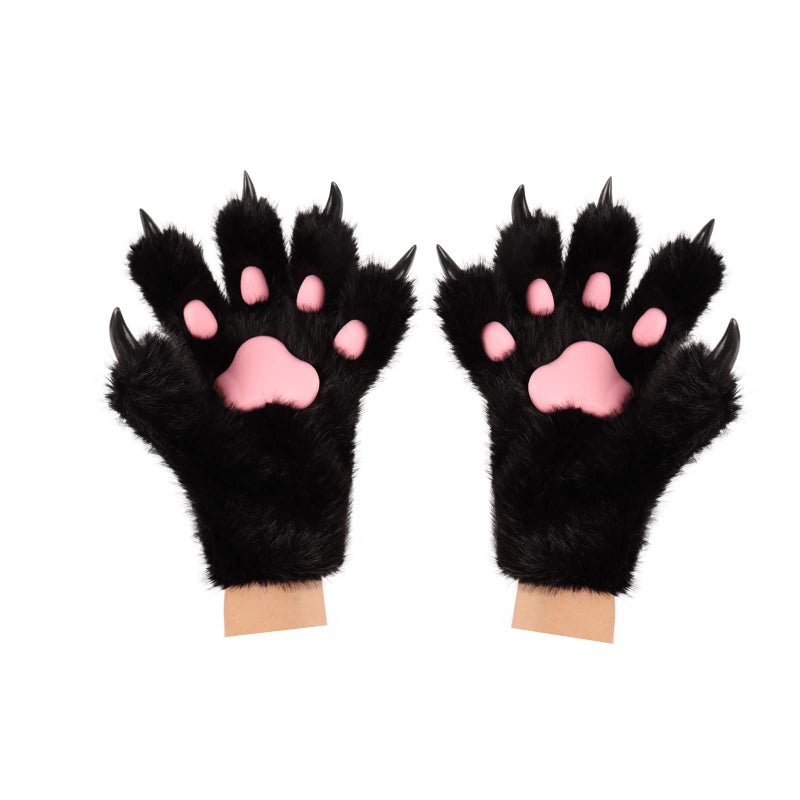 HAOAN Wolf Paw Gloves Faux Fur Cat Fingerless Mittens Winter Warm Cosplay Halloween Fancy Party Costume Accessories (black01) - Image 1